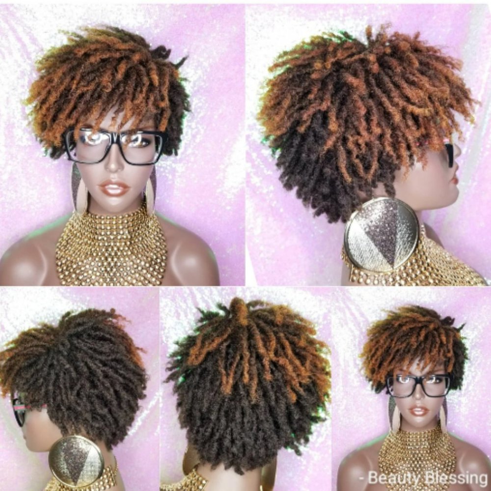 Pixie Cut Short Dreadlock Natural Hairstyle Afro Glueless Wig Ombre Brown Copper